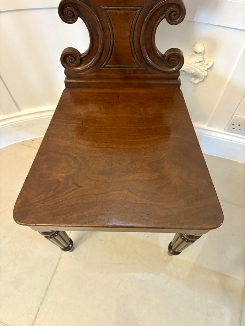 Pair of Antique Regency Quality Carved Figured Mahogany Hall Chairs - Image 9